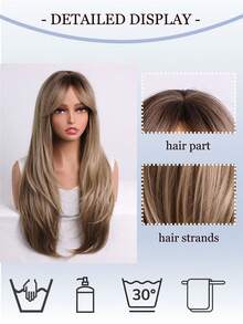 Trending 20inchLong Layered Ash Blonde Highlight Synthetic Wig With Middle Part, Natural Looking Straight Wig For Women, Daily & Party Wear - Camel - View 6
