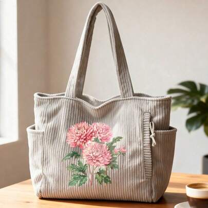 حقيبة تسوق كبيرة السعة من الكوردوروي للنساء، حقيبة كتف بزهور الكريزانثيمم الوردية، هدية لعيد الأم / عيد الحب / عيد الميلاد، حقيبة يد للتنقل اليومي والسفر