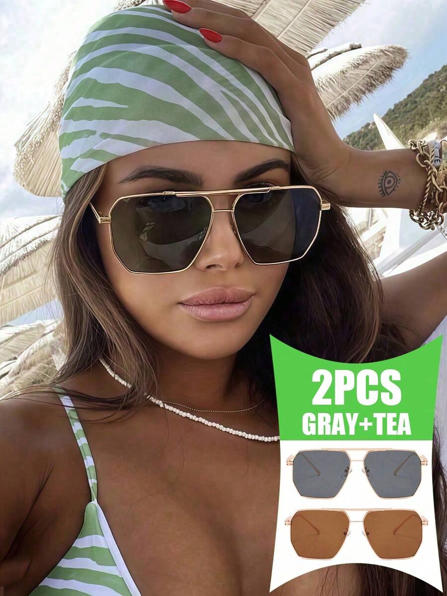 2副复古不对称多边形金属双梁飞行员时尚眼镜，细框时尚眼镜，女士款