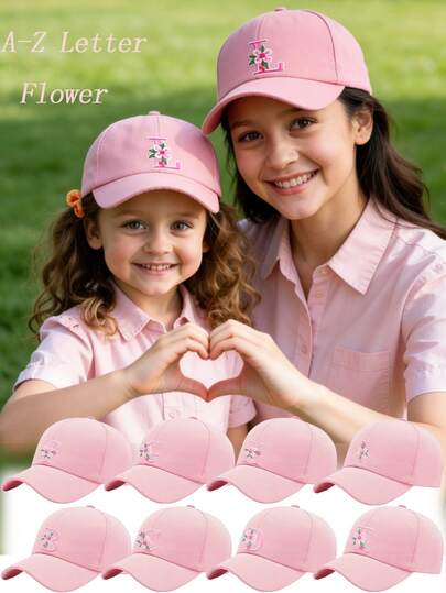 1顶亲子A-Z字母棒球帽，女童款，亲子遮阳帽，儿童配饰，可调节帽，适合春季、秋季、旅行、海滩等场合
