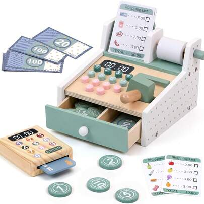 Wooden Cash Register For Kids, Educational Learning Color Perception Toy Cash Register With Scanner Calculator Till Toy, Pretend Play Toys, Role Play Toys Shopping Playset For Boys And Girls,Perfect Birthday Gift