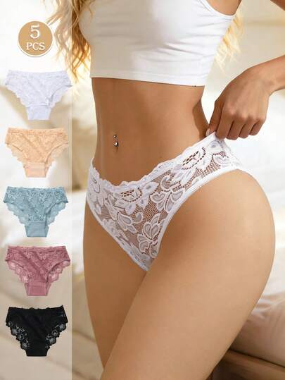 5条/套 女士蕾丝花卉低腰内裤，柔软舒适，性感基础款三角裤，简约日常穿着