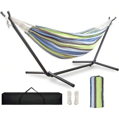 Double Hammock With Space Saving Steel Stand, Foldable Hammock With Stand & Portable Carrying Bag Garden Yard Patio Backyard Indoor Outdoor Camping-Blue Stripe
