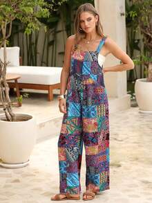 Bohemian Women's Loose Floral Bib Overall Jumpsuit With Pockets Patchwork Wide Leg Adjustable Strap Beach Vacation Outfits Summer - 藍色 - 查看 1