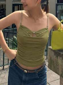 Áo dệt kim ngắn tay cổ chữ V không tay dành cho nữ, độ co giãn vừa phải, áo hai dây màu xanh ô liu thời trang, áo mùa hè thường ngày, trang phục mùa xuân cho nữ, áo dự tiệc ngày lễ cho nữ, trang phục đi biển cho nữ, áo ngoài trời cho nữ, trang phục nghỉ hè thanh lịch cho nữ. - xanh quân đội - Xem 2