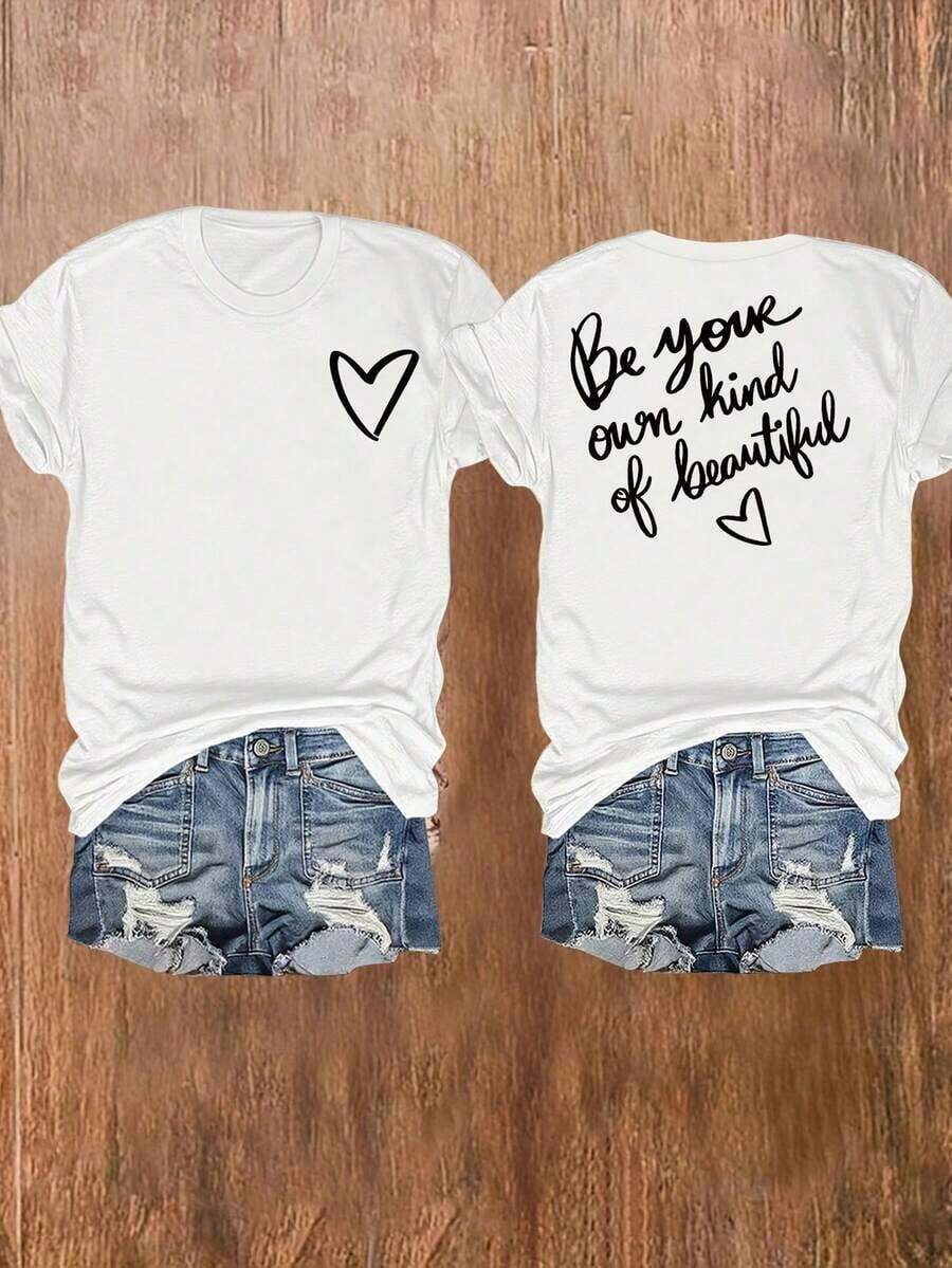 Casual Round Neck Short Sleeve T-Shirt With Letter Print And Stripe, Versatile For Summer Outfits For Women - Blanc - View 1