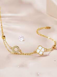 1 Peça Pulseira de Prata Esterlina S925 de Duas Camadas com Trevo de Quatro Folhas da Sorte, Joia Minimalista e Única com Círculo Oco no Estilo Ins, Adequada para Meninas, Presente de Joia da Moda para Formatura, Aniversário, Melhor Amiga - Trevo de quatro folhas - Visão 14