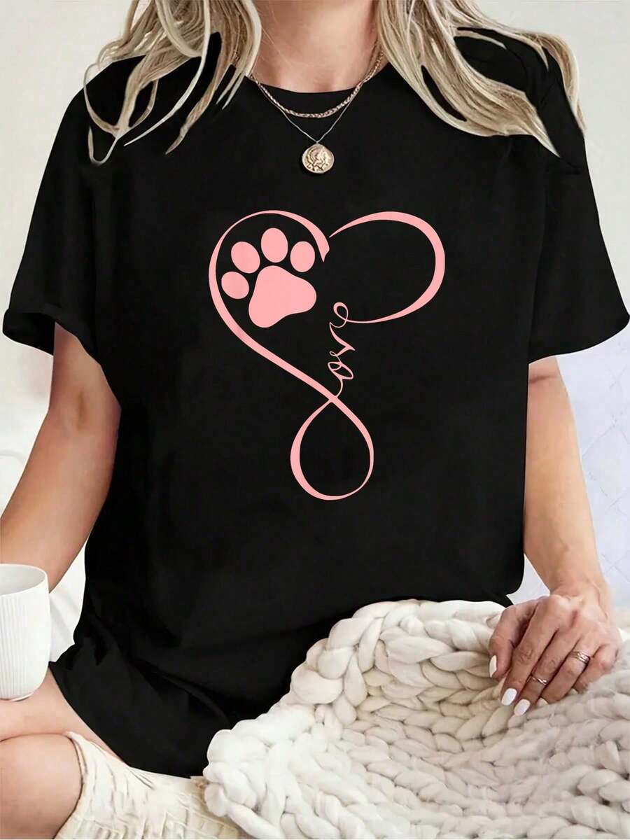 Camiseta Unisex 100% Algodón con Estampado de Pata de Perro y Corazón Rosa para Amantes de Perros - Camiseta de Manga Corta - Negro - Ver 1