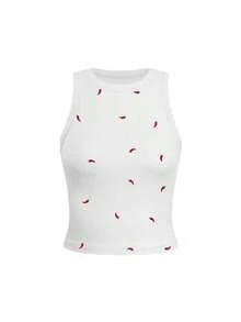 Camiseta ajustada casual con bordado y estampado de flores de cerezo en todo el diseño - Rojo - Ver 7