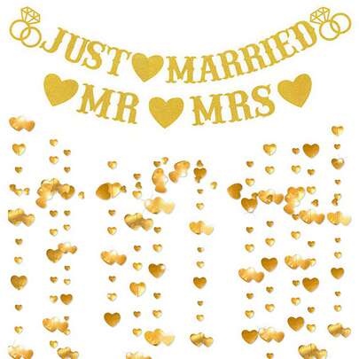 婚礼派对装饰：金色亮片“恭喜”横幅配心形花环，适用于订婚派对、求婚派对和婚礼仪式装饰