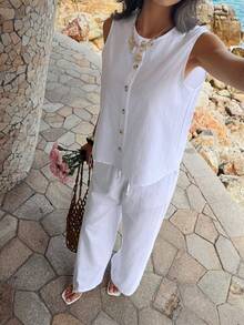 PoPoHouse 女士 100% 纯棉两件套，无袖纽扣门襟上衣搭配宽松阔腿裤，适合日常休闲办公通勤、夏季海滩度假外出穿着，白色套装 - 白色 - 查看 8