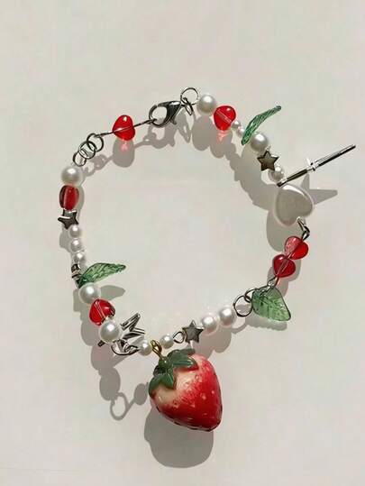 Pulsera de moda y linda con corazón, perla, fresa y estrella de colores contrastantes de dopamina, adecuada para uso diario y vacaciones, regalo para amigos y compañeros de clase
