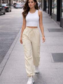 Pantalón Baggy de cargo con múltiples bolsillos de uso casual diario para dama parachute ligero fresco - Hueso - Ver 1