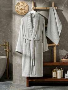 RASELA HOME - 70% Cotton 30% Polyester - Bathrobe And Towel Set (50*90 Towel), Made In Turkey - Light Grey - View 2