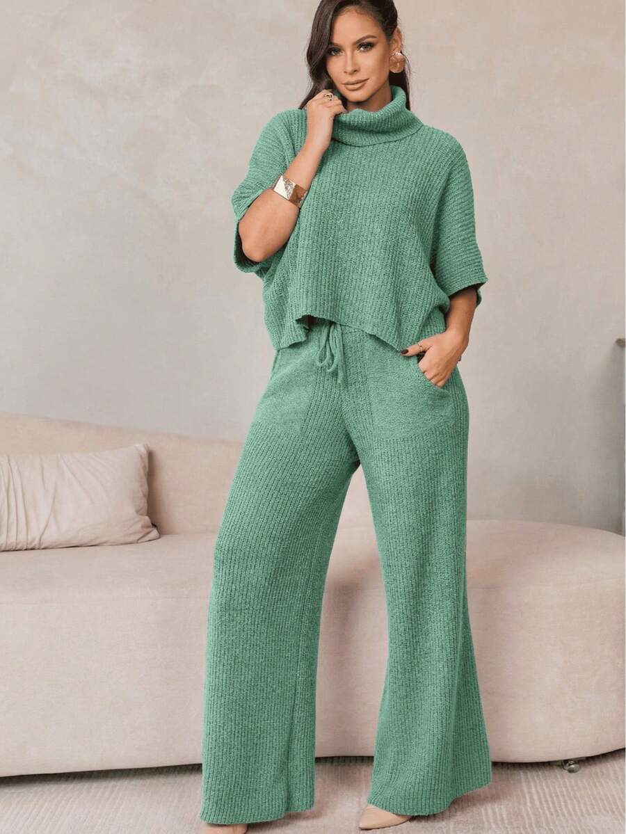 Women's Knitted Set In Mousse Fang Stitch With High Neck For Winter - 薄荷綠 - 查看 1