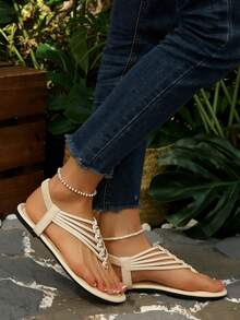 经典、舒适、时尚的女士平底人字拖、凉鞋 - 米色 - 查看 6