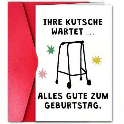 1 pezzo Biglietto di auguri divertente per il compleanno con umorismo tedesco - "Ti auguro più feste", design pieghevole, auguri divertenti per il traguardo dell'invecchiamento per amici e familiari, biglietto di compleanno, illustrazione vivace, busta vibrante