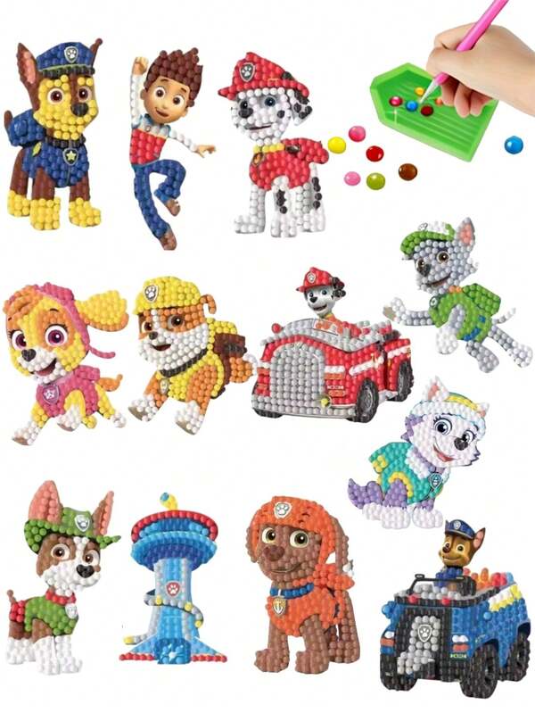  12/24pcs Paw Patrol 5D DIY Diamond Art Painting Stickers Kit - Cute Cartoon WangWang Team Design, Handmade Digital Paint, Rhinestone Diamond Art Embroidery, Mosaic Sticker Making Craft For Relaxation And Creative Expression