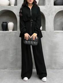 女士时尚优雅休闲套装 - 拉链修身长袖上衣和高腰阔腿裤两件套，配腰带，春季黑色 - 黑色 - 查看 3