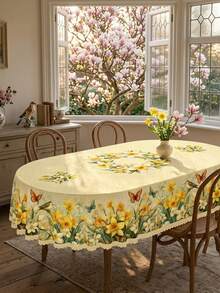 1 pieza - Mantel de estilo vintage con estampado de abeja y flores con ribete de encaje, estampado de acuarela de abeja, girasol, narciso, flores silvestres, mantel de poliéster impermeable, lavable para decoración de restaurante, primavera en el hogar y fiesta del Día de la Madre - Multicolor - Ver 6