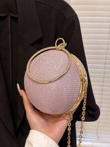 New Luxury Rhinestone Embellished Round Handbag, Chain Strap Messenger Bag, Glamorous Evening Clutch - Pink - View 4