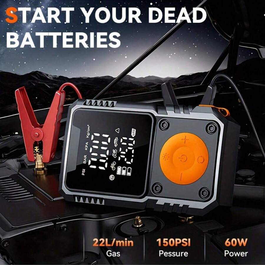 12V多功能汽车应急启动器,配备便携式空气压缩机、14.8V 1500mAh移动电源、USB充电、直流电源输出、150PSI数字轮胎充气泵和LED工作灯,适用于汽车/摩托车/拖拉机的无线应急启动器。汽车配件/礼品。(注意:仅适用于7.4V 2000mAh空气压缩机型号) - 灰色 - 查看 1