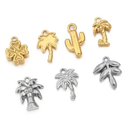 5pcs/Pack Stainless Steel Plant Pendant, 3D Embossed Craft DIY Jewelry Accessories, Necklace Bracelet Charm Pendant, DIY Jewelry Making Pendant