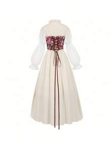 Robe longue style cour médiévale vintage avec ceinture, costume de scène - Robe corset blanche de style cour avec couronne de fleurs et oreilles d'elfe - Voir 5
