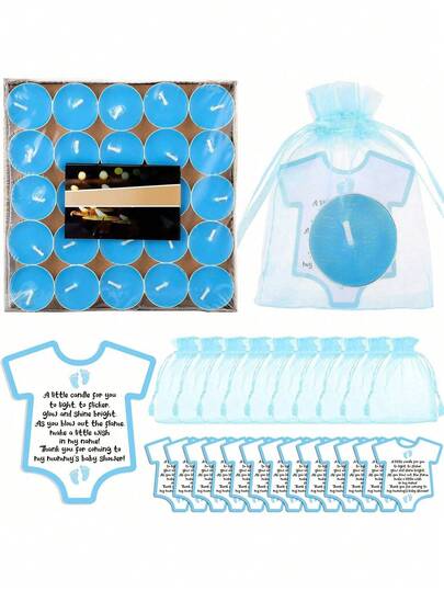 50/20 套婴儿派对回礼茶蜡烛，可爱男女宝宝派对回礼，附赠感谢卡和回礼袋，以及五彩纸屑，适合宝宝性别揭晓派对。