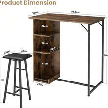 Mesa de bar pequeña 3 piezas y sillas con 3 estantes de almacenamiento, mesa comedor de cocina retro para 2, muebles de apartamento ahorro espacio con taburetes. - Tapizado en marrón - Ver 2