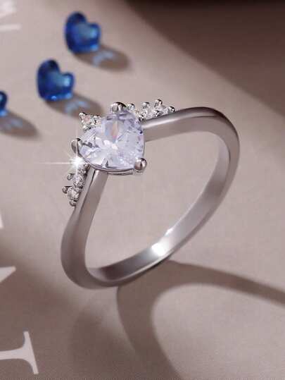 1 pieza Anillo con corazón de piedra natal zodiacal elegante y brillante, diseño romántico de moda, regalo ideal para parejas, mejores amigos, adecuado para uso diario, bodas, fiestas, vacaciones en la playa, Día de San Valentín