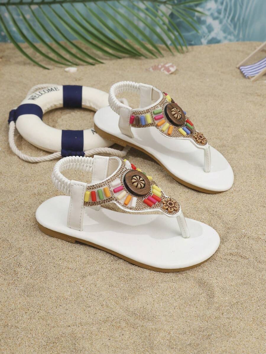 1 Pair Summer Kids Flat Sandals, Elastic Slip-On-On Toe-Divided Design Outdoor Children Shoes - White - View 1