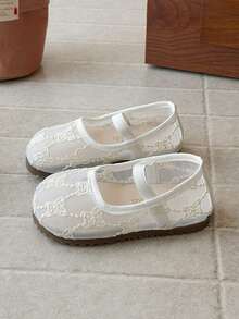 Giày Mary Jane ren trắng lưới mới năm 2026 dành cho bé gái, đế mềm chống trượt, kiểu dáng nghệ thuật. - Màu be - Xem 4