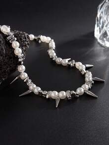 1pc Fashionable Punk Metal Rivet & Bead Necklace, Faux Pearl Choker, Casual Daily Wear For Men, Versatile Jewelry, Ideal Holiday Or Birthday Gift - Silver - View 4