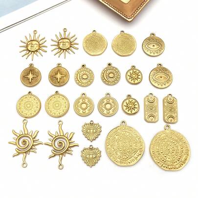 قطعتان من الشرائح المعدنية الذهبية اللامعة بتصميم نجم الشمس والقمر، تميمة سماوية للشمس والقمر لصناعة المجوهرات، قلادات القمر للسوار والقلادة DIY