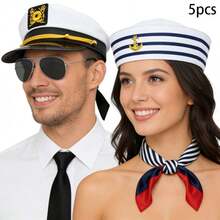 Conjunto de gorra de capitán y gorra de marinero estilo náutico para parejas, accesorios de fiesta estilo marinero - Gorra de capitán, gorra de marinero, bufanda a rayas, corbata, ajustable en la parte trasera - Multicolor - Ver 1