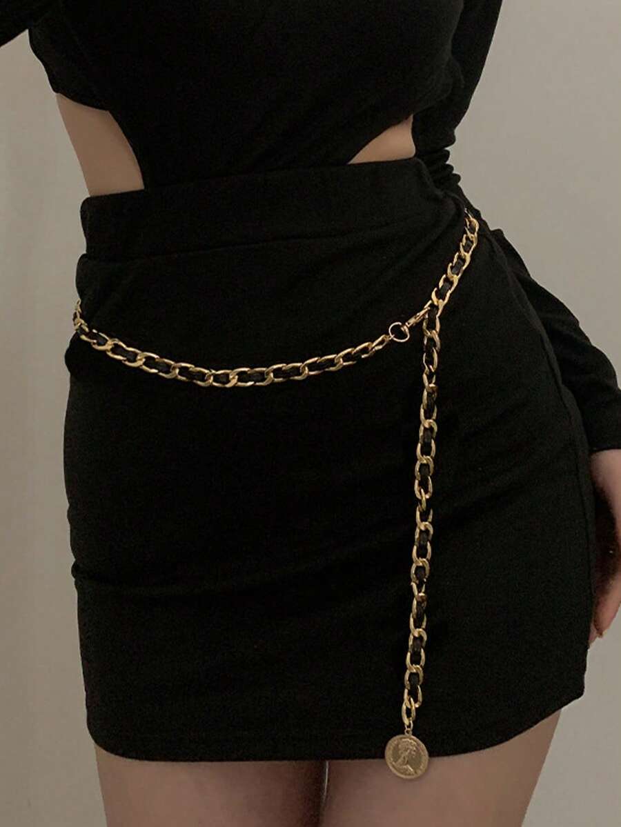 1pc Gold-Tone Metal Alloy Waist Chain, Suitable For Dresses - Gold - View 1