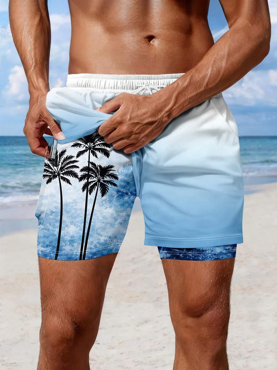 Shorts de playa de estilo vacacional con estampado de palmeras y bolsillos múltiples, de doble capa, prácticos y versátiles para hombres - Multicolor - Ver 1