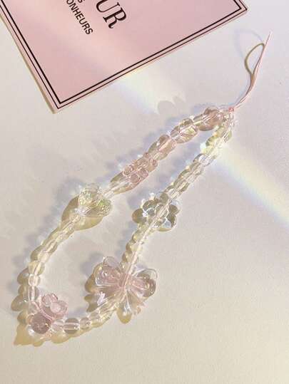 Adjustable Bowknot Element 1pc Translucent Butterfly & Bear Phone Lanyard Transparent Glass Bead Phone Chain Delicate Fairy-Like Niche Design Keychain Bag & Car Key Holder (Actual Size May Slightly Differ From Photo Due To Shooting Angle And Magnification) Spring Gift Birthday