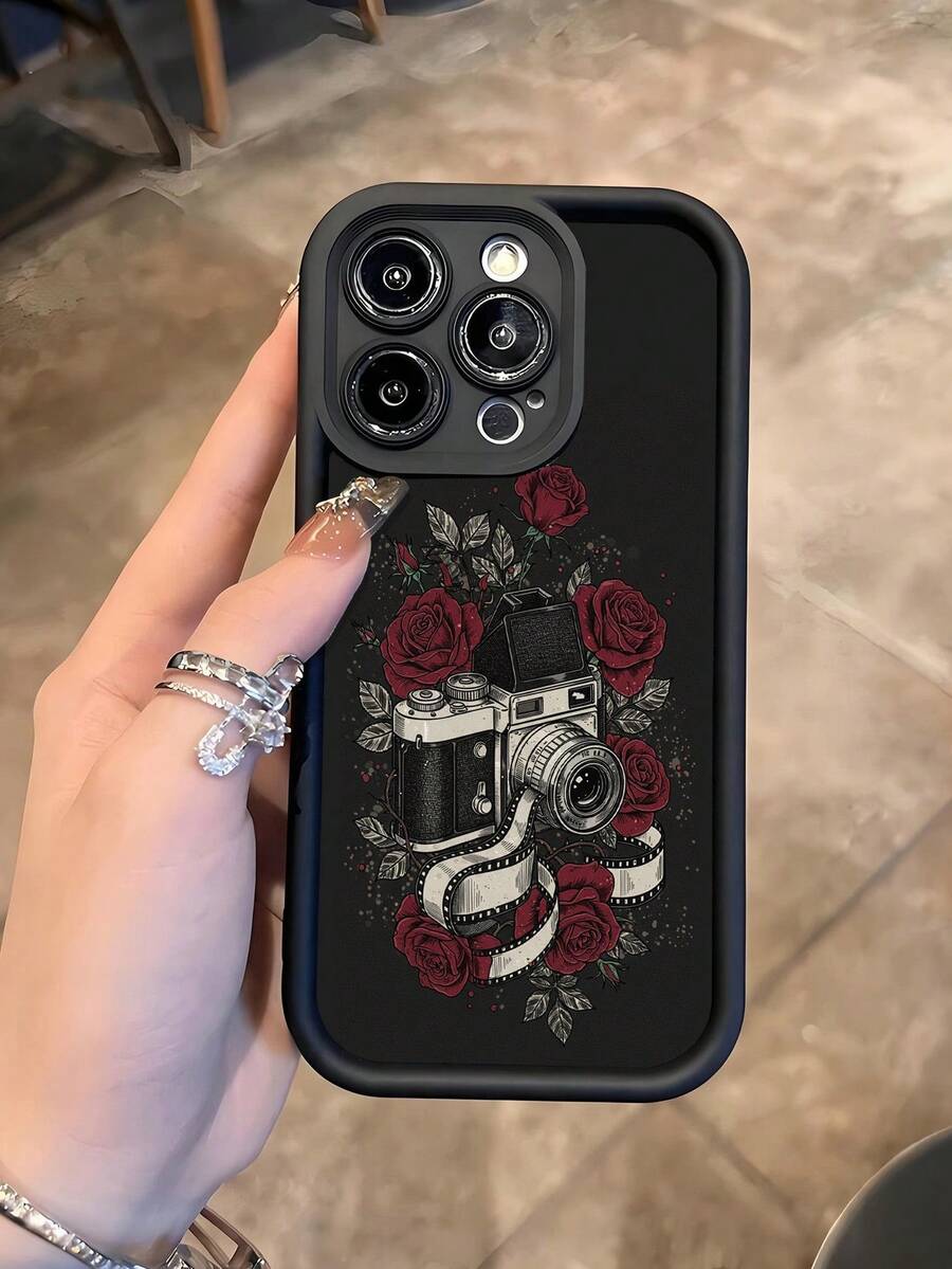 Modische, beliebte, personalisierte, vintage Kamera mit Rosen und Filmstreifen Muster Design Luxus stoßfeste ästhetische süße Handyhülle, Soft-Touch ultimativer Griff, wasserdicht, schmutzabweisend, Stoßschutz mit Kameraabdeckung, kompatibel mit iPhone 17/17Pro/17Pro Max, 16,15,14, 13, 12, 11 Plus/Pro Max und Serie, geeignet für Galaxy S20,S21,S22, S23, S24, S25,26PLUS ULTRA Serie - Schwarz - Übersicht 1