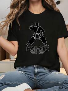 Women's Karate Stance Silhouette Print T-Shirt - Short Sleeve Crew Neck Casual Top With Bold KARATE Graphic, Medium Stretch Breathable Fabric, Machine Washable All-Season Comfort Fit Tee, Summer Fashion, Bold Graphic Design, Medium Stretch Material - 黑色 - 查看 9