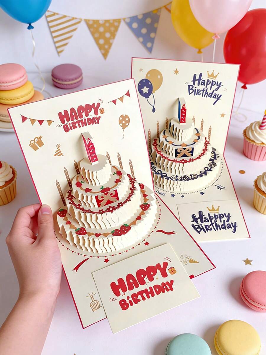 6张/1张3D立体生日/圣诞节贺卡，立体生日蛋糕贺卡带信封，圣诞节邀请卡 - 彩色 - 查看 1