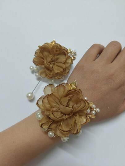 1pc Boutonniere + 1pc Wrist Corsage, Champagne & Blue Dual Flower Decor, Elegant For Wedding, Banquet, Party, Bride, Bridesmaid, Daily Wear, Valentine's Day