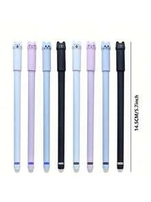 4支/套猫咪图案可擦凝胶笔，0.5mm魔力墨水，蓝黑配色，带橡皮擦，创意学生文具，返校用品 - 套裝 - 查看 4