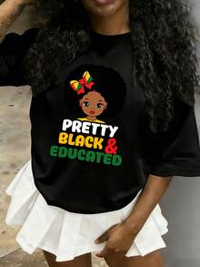 Girls & Teenagers Students Casual Printed Black Crew Neck Short Sleeve T-Shirt Top, Summer - Đen 3 - Xem 1