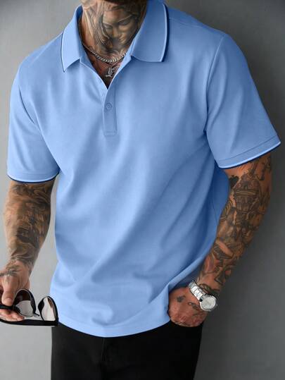 男士Polo衫，时尚简约双色条纹设计，罗纹领口和袖口，套头短袖上衣，适合通勤，夏季