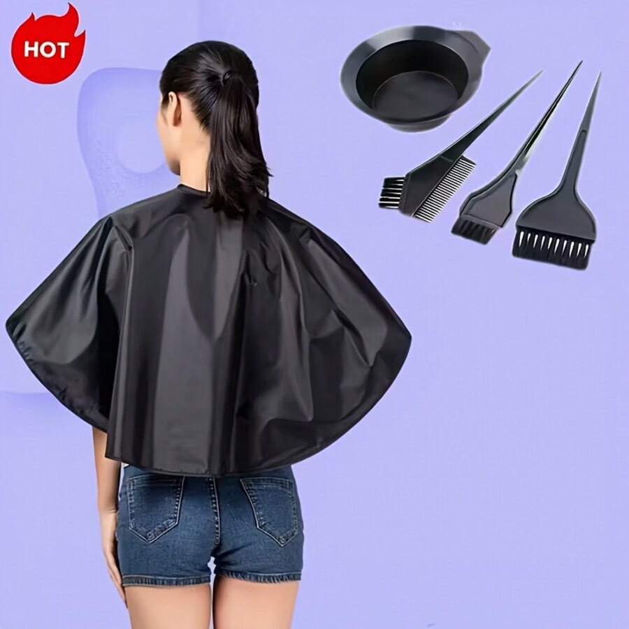 1pc Hair Coloring Cape, Or 5pcs Hair Coloring Tool Set Including 3 Hair Dye Brushes, 1 Hair Coloring Cape, 1 Hair Dye Mixing Bowl, Salon Hair Dye & Cut Hairdressing Gown And Bowl & Brush. Suitable For Home Or Salon Use. - Multicolor - View 1