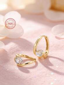 Artepollo 1 Đôi bông tai bạc 925 không gây dị ứng, đính đá Zirconia đơn, tinh tế và dễ thương, đóng gói trong hộp quà, thích hợp để đeo hàng ngày hoặc dự tiệc, quà tặng sinh nhật/ngày lễ. - Vàng - Xem 2
