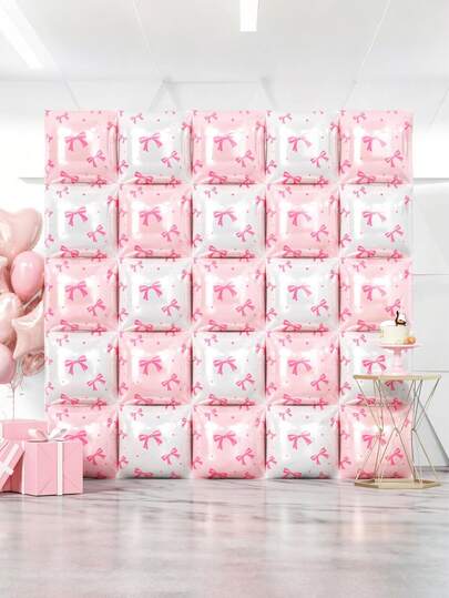 粉白蝴蝶结方形铝箔气球墙，2/12/25个大尺寸双面印花婴儿粉和珍珠白气球背景隧道拱门套装，适用于女孩生日、新娘送礼会、婴儿派对、婚礼