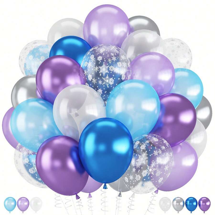 60 Packs 12 Inch Frozen-Themed Party Winter Snowflake Balloon, Metallic Purple Blue White Silver Balloons With Confetti Balloon For Birthday Party Baby Shower Christmas Winter Wonderland Party Decorations - Ice and Snow Set - View 1